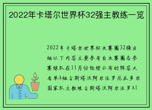 2022年卡塔尔世界杯32强主教练一览